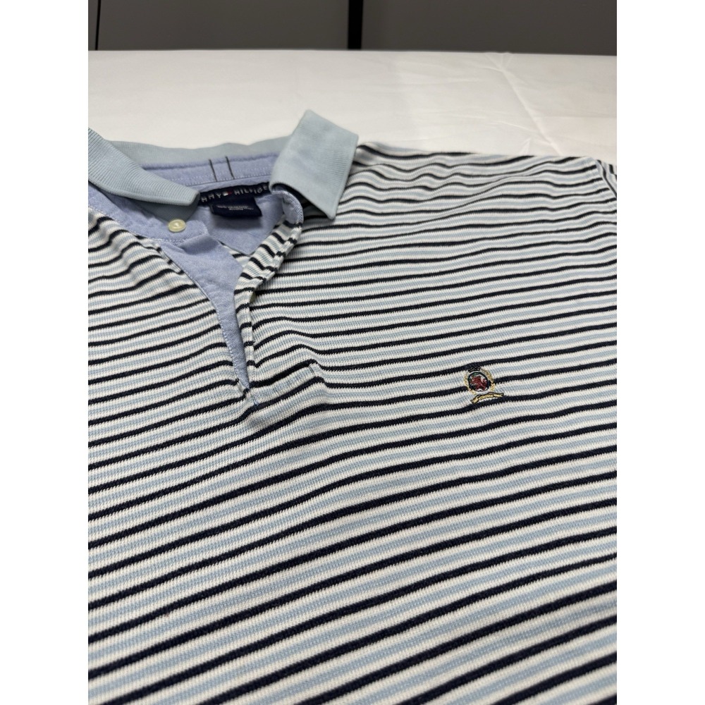 Vintage Tommy Hilfiger Mens XL Terry Cloth Polo Short Sleeve Blue Stripe 90s